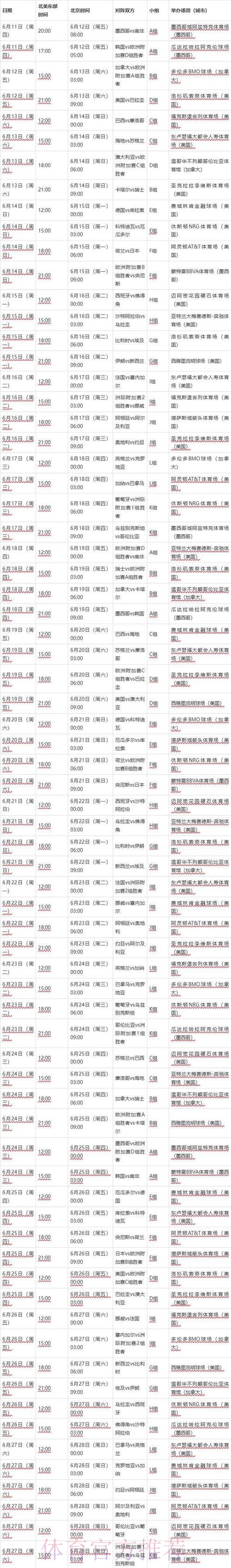 2026世界杯完整赛事时间安排表